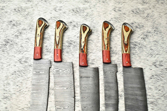 Lot of 5 Handmade Damascus Steel Full Tang Chef Knife Set | Hard Wood