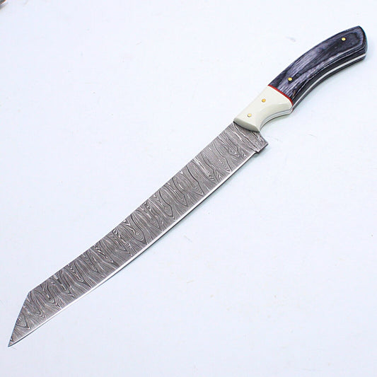 14" Custom Handmade Twist Damascus Steel Brisket Fillet Chef Hunting Knife with Leather Sheath