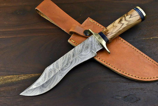12.5" Damascus Steel Wildlife Bowie Knife with Olive Wood Handle