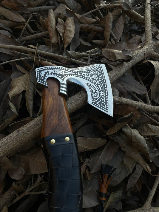Handmade Viking Axe 18 Inch Hand Forged Carbon Steel with Leather Wrapped Rosewood Handle