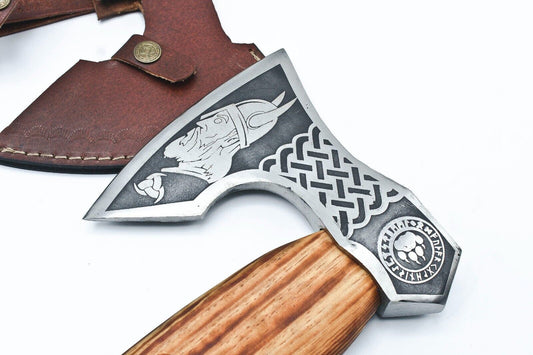 Handmade Etched High Carbon Steel Viking Axe with Leather Wrapped Ash Wood Handle and Sheath