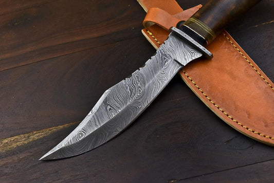 12" Damascus Steel Bowie Knife – Walnut Wood Handle, EDC Hunting Blade