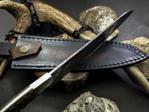 Unique Handmade Damascus Chef Knife | Wood Handle, Cow Leather Sheath, Full Tang