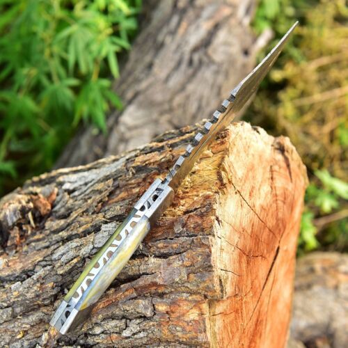 Custom Handmade Damascus Steel Tracker Knife – 10" Fixed Blade with Camel Bone Handle