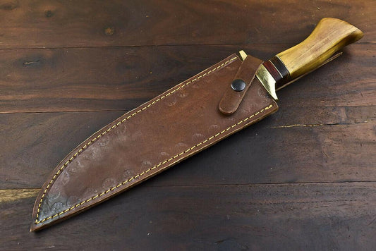 14.5" Damascus Bowie Knife – Walnut Wood Handle with Brass Guard