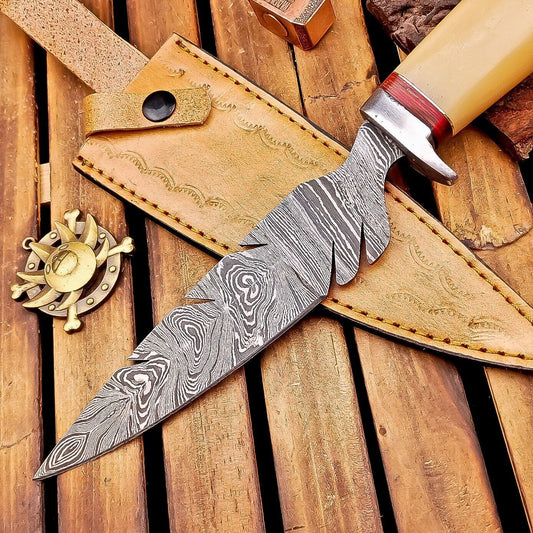 12 Inch Damascus Steel Bowie Knife with Camel Bone Handle and Steel Bolster