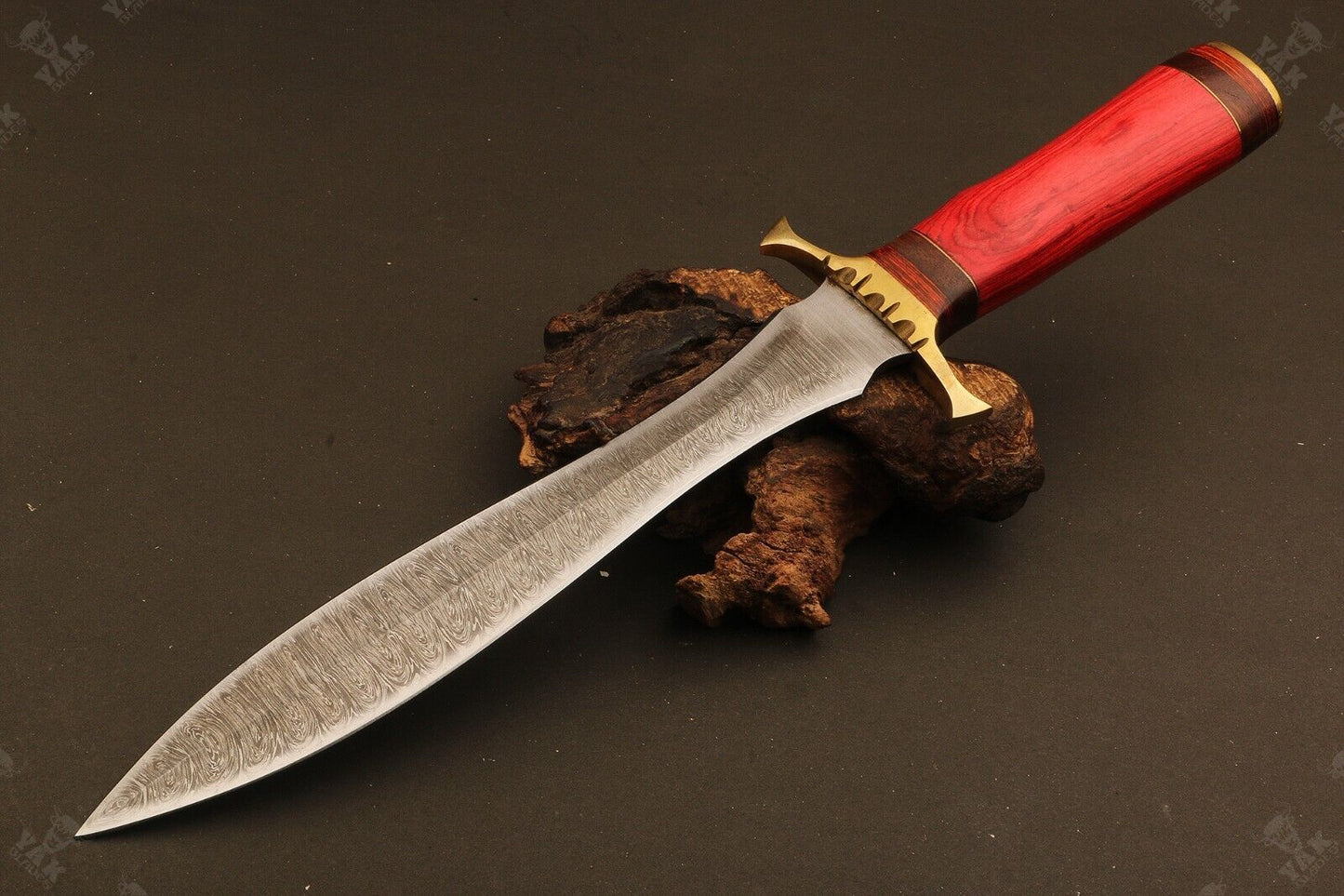 15.5" Handmade Fire Damascus Steel Dagger Bowie Knife | Wood Handle