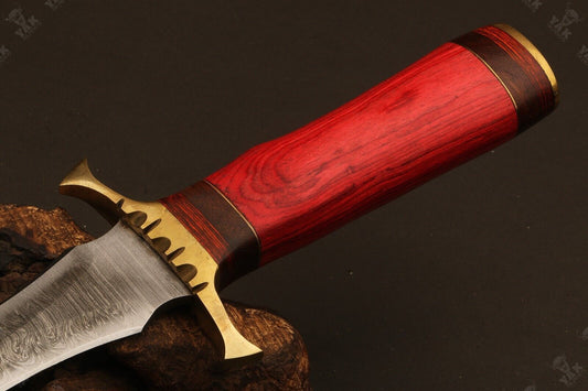 15.5" Handmade Fire Damascus Steel Dagger Bowie Knife | Wood Handle