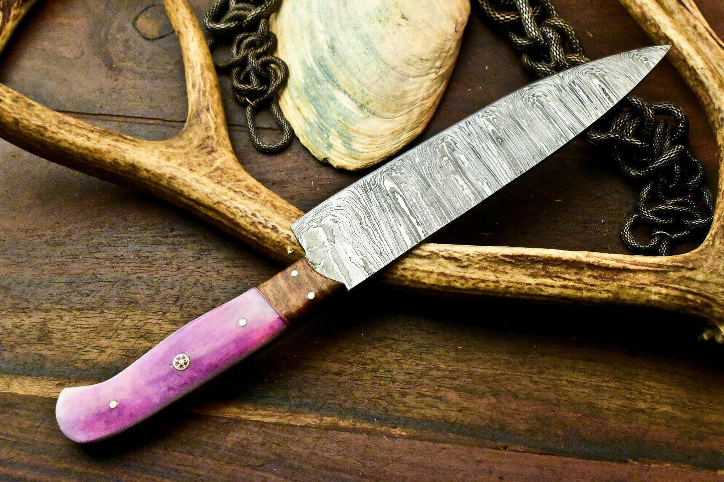 Custom Hand Made Damascus Steel Chef Knife with Stained Camel Bone Handle, Full Tang, 7.5-Inch Blade, 12.5-Inch Overall, Oil-Tempered 58-60 HRC, Handcrafted