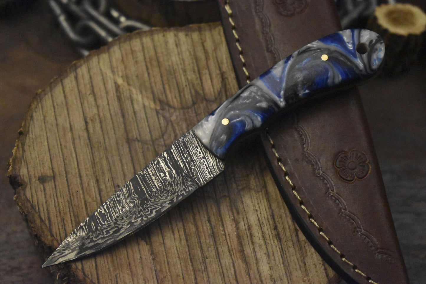 Tactical Bushcraft Skinner Knife Twist Damascus Micarta Handle EDC Tool