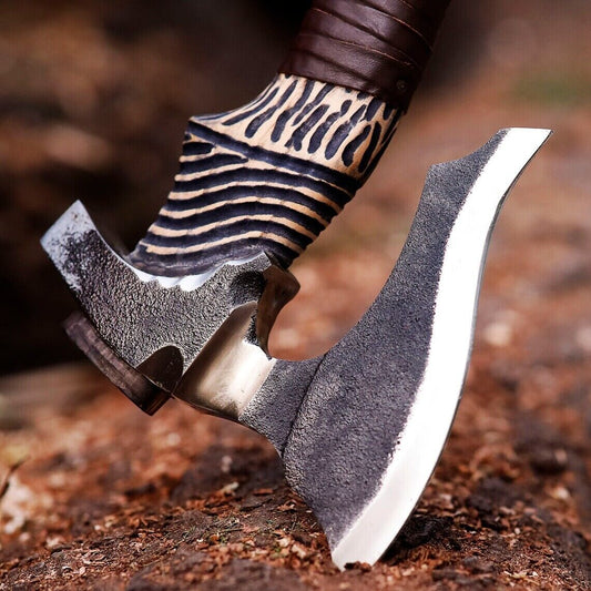 10 Inch Hand Forged Carbon Steel Viking Bearded Hatchet with Wood Handle and Leather Sheath