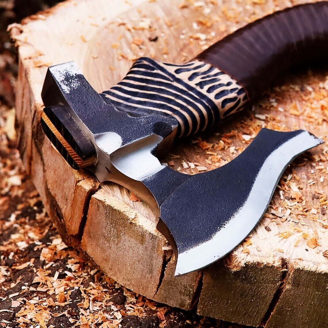 10 Inch Hand Forged Carbon Steel Viking Bearded Hatchet with Wood Handle and Leather Sheath