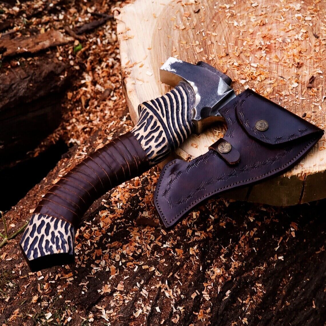 10 Inch Hand Forged Carbon Steel Viking Bearded Hatchet with Wood Handle and Leather Sheath
