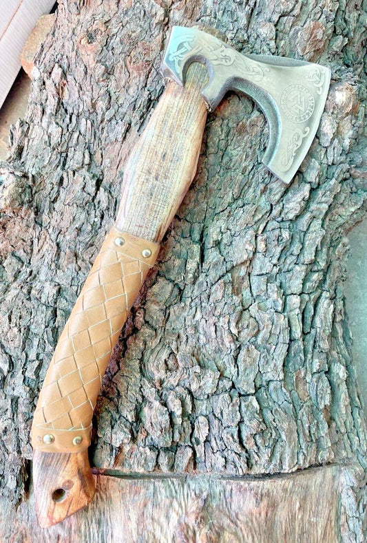 Custom Handmade Viking Axe – Bushcraft and Forest Hatchet with Leather Sheath