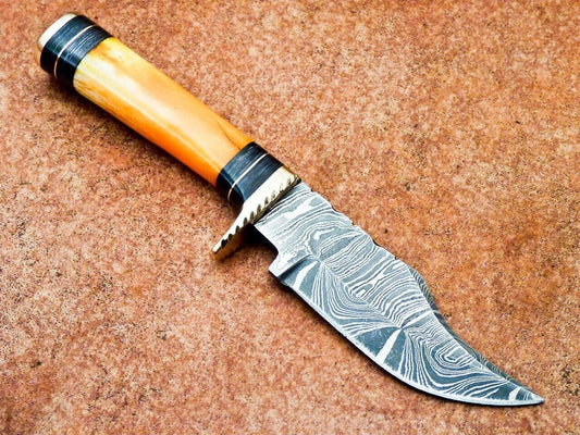 8" Custom Handmade Damascus Hunting Bowie Knife – Dyed Camel Bone Handle