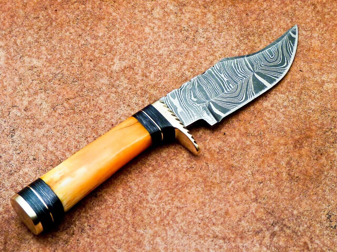 8" Custom Handmade Damascus Hunting Bowie Knife – Dyed Camel Bone Handle