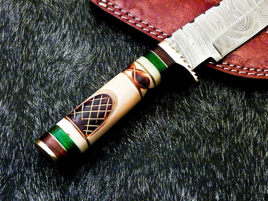 10" Handmade Damascus Steel Bowie Knife with Engraved Camel Bone & Brass Bolster