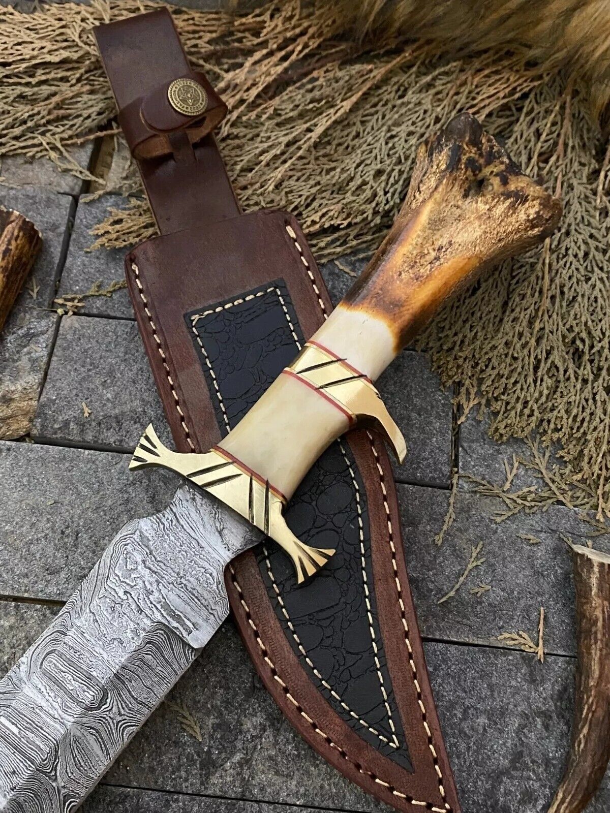 Heritage Forge Damascus Steel Bowie Knife with Rosewood and Bone Handle – Handmade with Leather Sheath