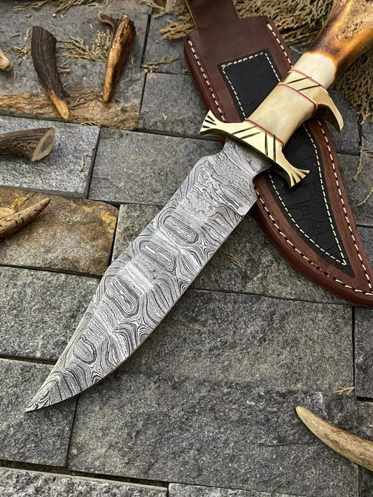 Heritage Forge Damascus Steel Bowie Knife with Rosewood and Bone Handle – Handmade with Leather Sheath