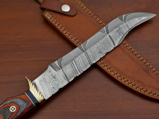 Handmade Damascus Bowie Knife – Pakka Wood Handle & Brass Guard, 12"