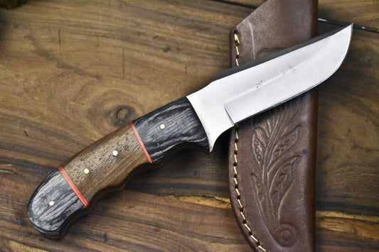 9" Skinner Knife AUS-8 Steel Walnut Wood Handle with Leather Sheath Survival