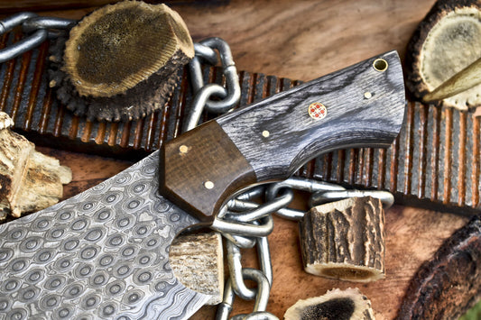 Custom Clever Chopper Chef Knife Rain Drop Damascus Hard Wood Survival