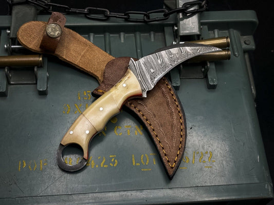 Handmade 7.5” Damascus Karambit Knife Damascus Steel Karambit with Bone Handle