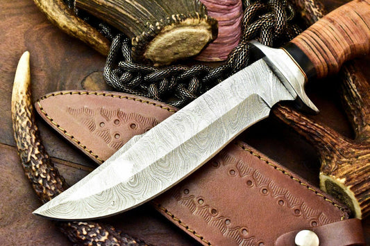 Custom Handmade Damascus Steel Bowie Knife | 12" Stacked Leather Hunting Blade with Sheath