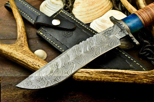 12" Damascus Bowie Knife | Stained Camel Bone Elegance