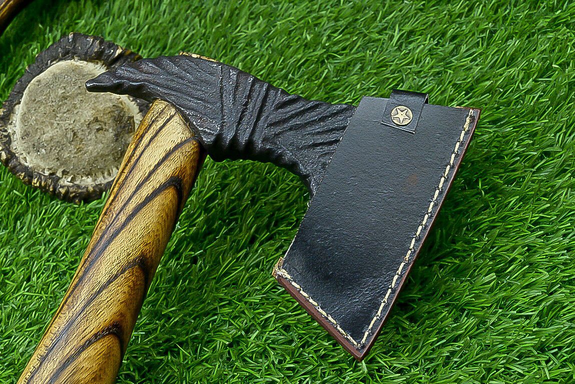 Handcrafted Viking Tomahawk Axe – Carbon Steel Blade with Rose Wood Handle and Leather Sheath, 14 Inch