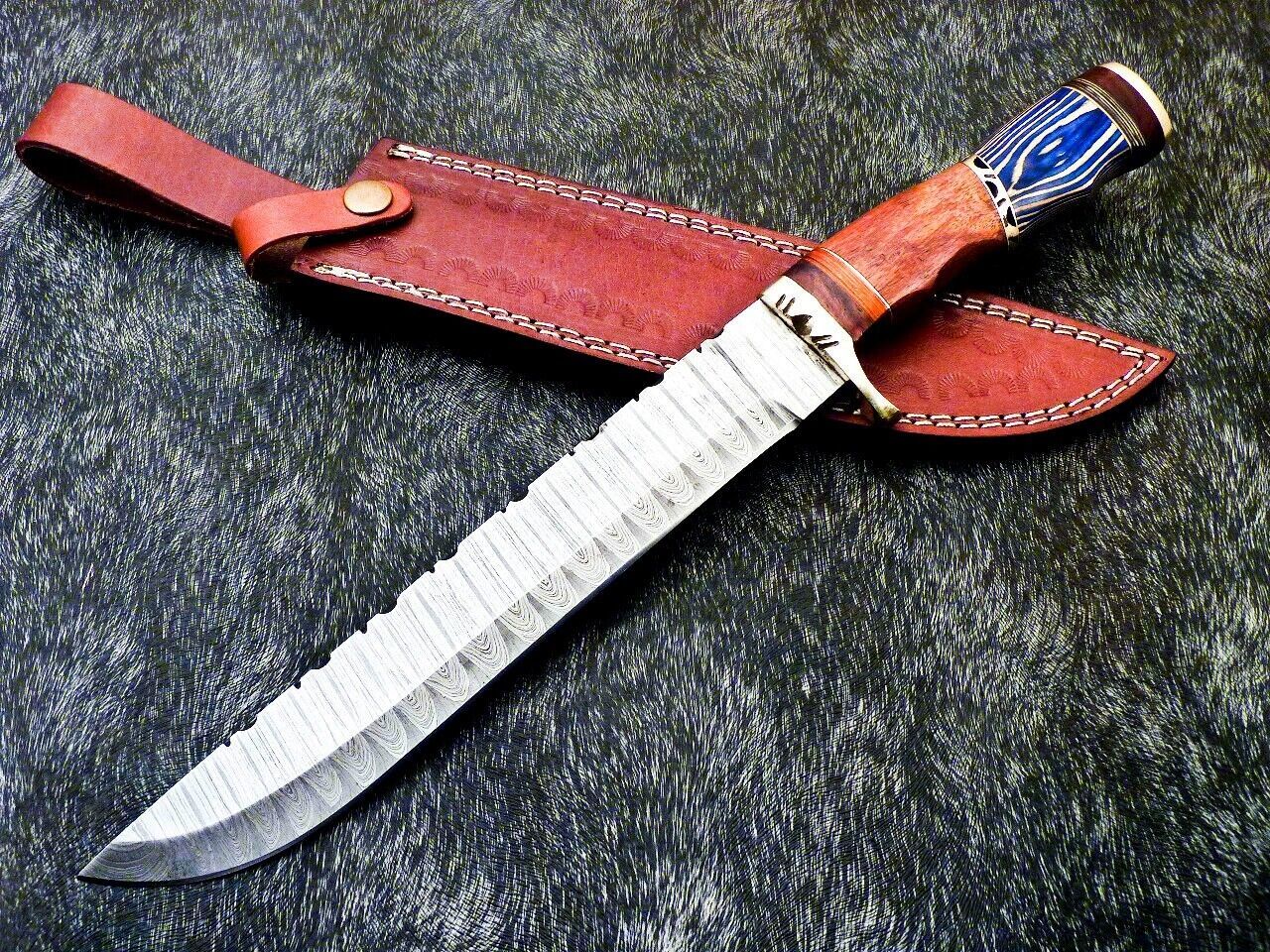 Authentic Hand Forged Damascus Hunting Knife 14.5" | Hard Wood Handle | Leather Sheath