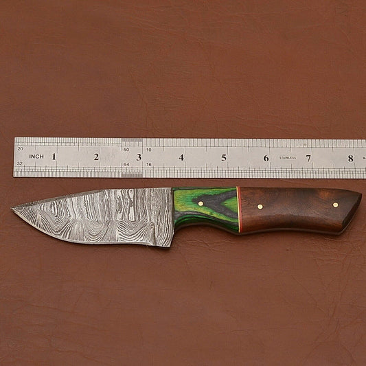 Twist Damascus Skinner Knife with Wood Handle and Leather Sheath for Hunting and Camping