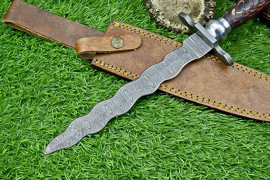 15" Kris Damascus Bowie Knife – Pakka Wood Handle & Steel Bolster