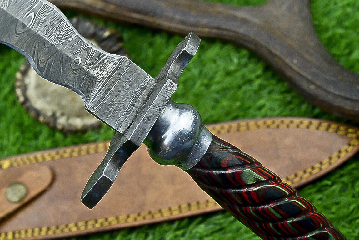 15" Kris Damascus Bowie Knife – Pakka Wood Handle & Steel Bolster