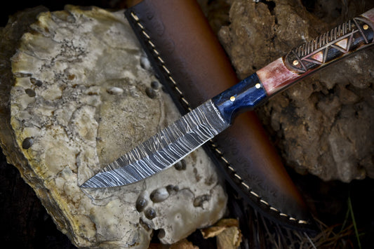 Twist Pattern Damascus Skinner Knife – Bone Handle with Micarta Bolster and Leather Sheath for Fishing & Hunting