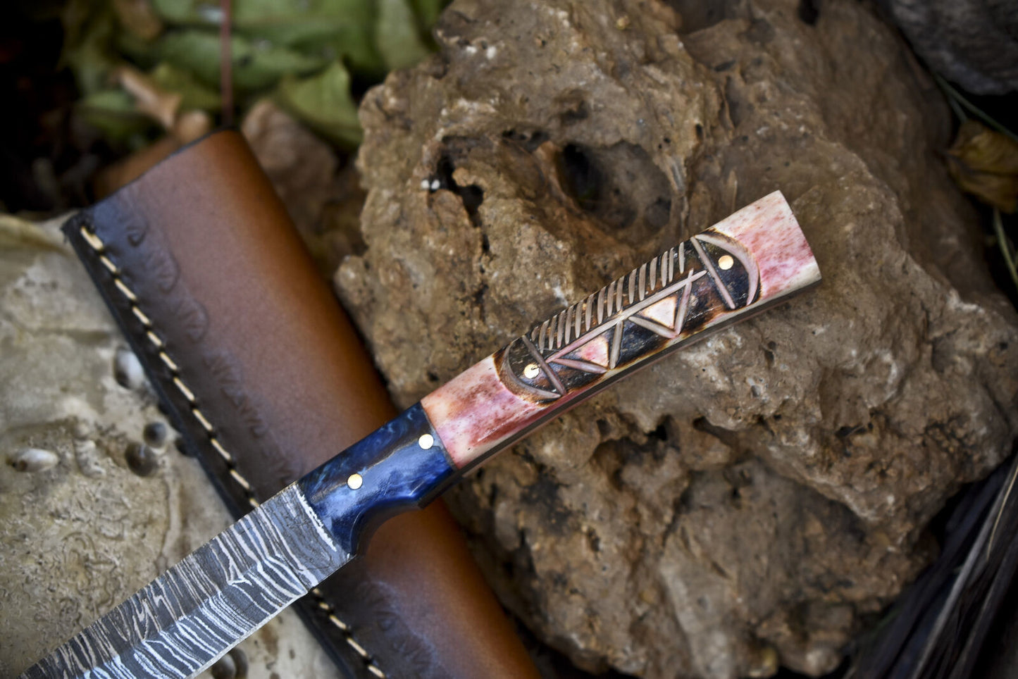 Twist Pattern Damascus Skinner Knife – Bone Handle with Micarta Bolster and Leather Sheath for Fishing & Hunting