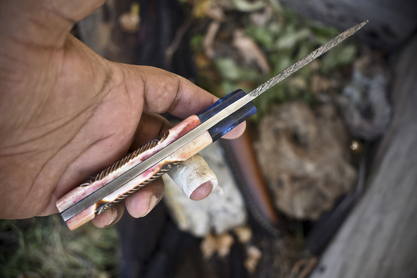 Twist Pattern Damascus Skinner Knife – Bone Handle with Micarta Bolster and Leather Sheath for Fishing & Hunting