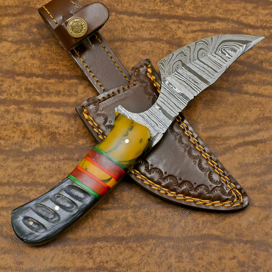 Damascus Skinner Knife with Resin Wood Handle for Hunting and EDC