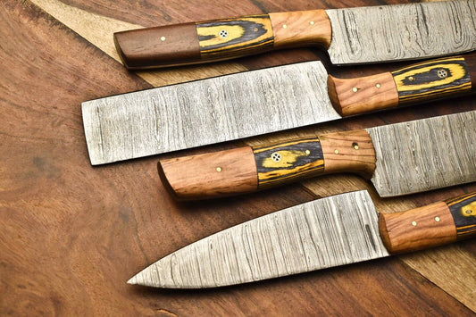 Lot of 4 Handmade Damascus Steel Chef Knife Set | Hardwood Handles | Full Tang Kitchen Knives