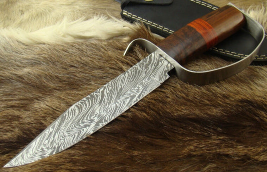 Heritage Forge Damascus Steel D-Guard Bowie Knife with Rosewood and Pakkawood Handle