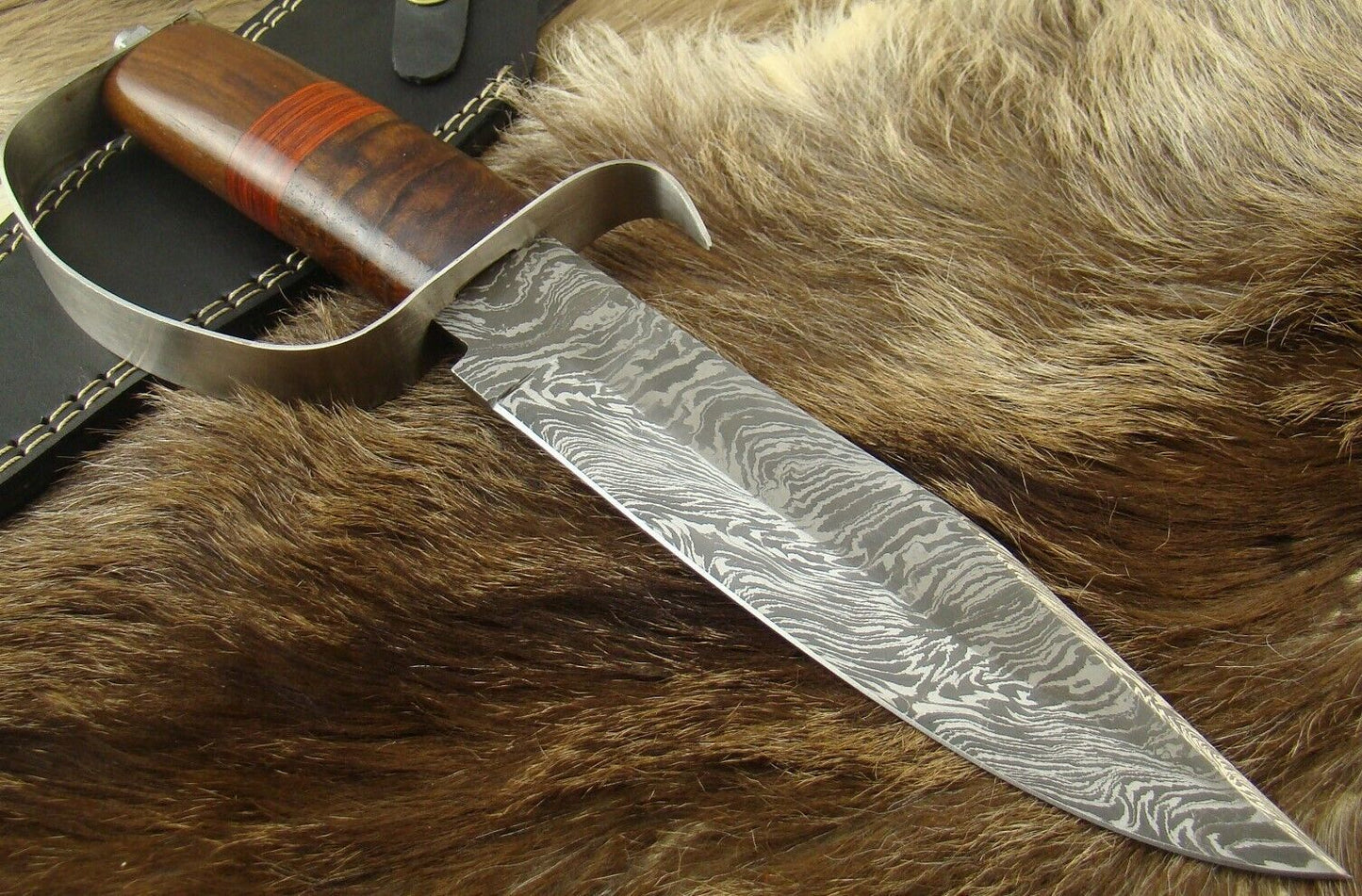 Heritage Forge Damascus Steel D-Guard Bowie Knife with Rosewood and Pakkawood Handle