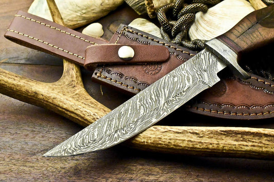 12" Handmade Damascus Steel Bowie Knife with Walnut Wood Handle & Leather Sheath