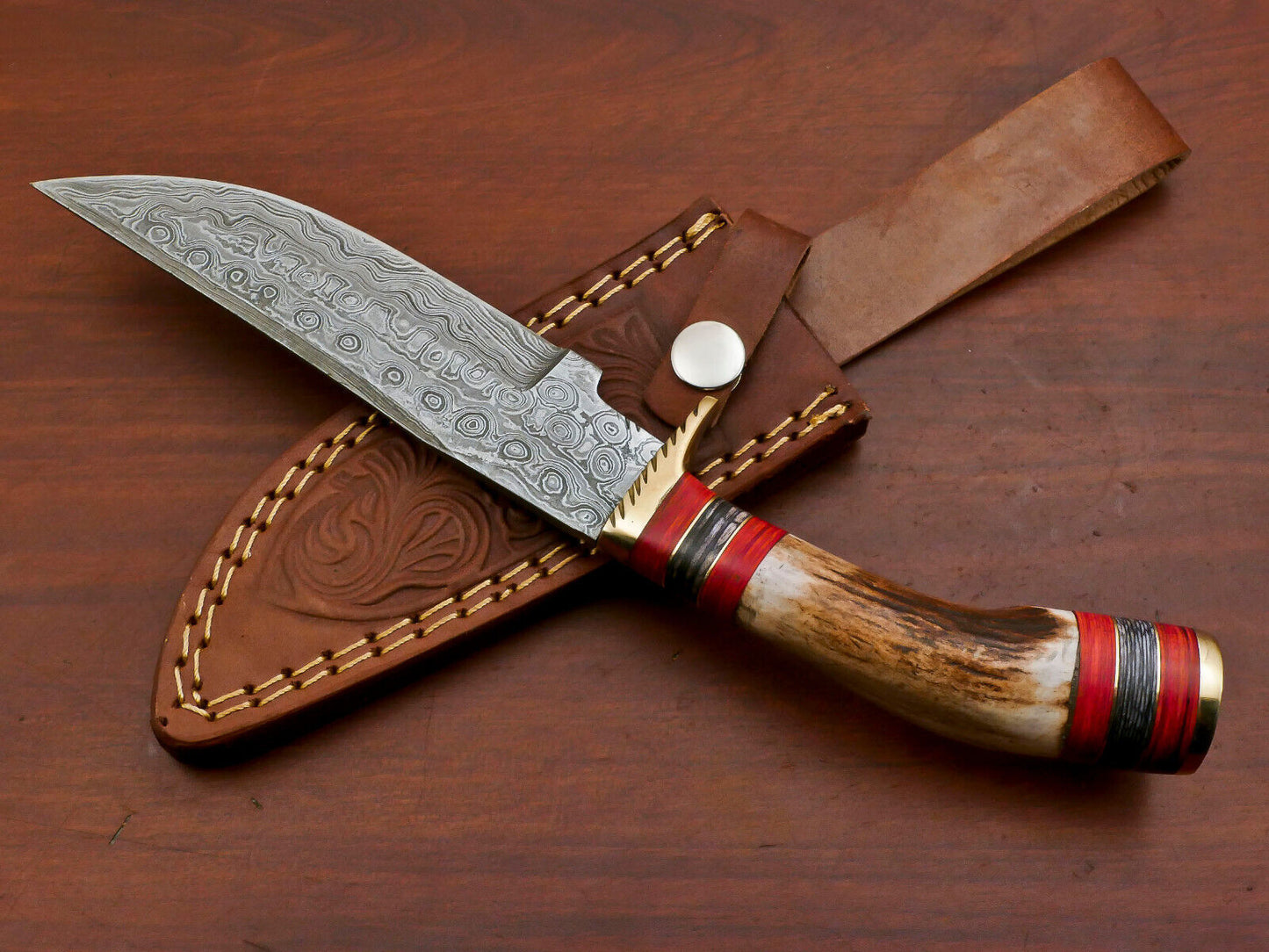 Handmade Damascus Stag Antler Bowie Hunting Knife – Brass Guard – 12"