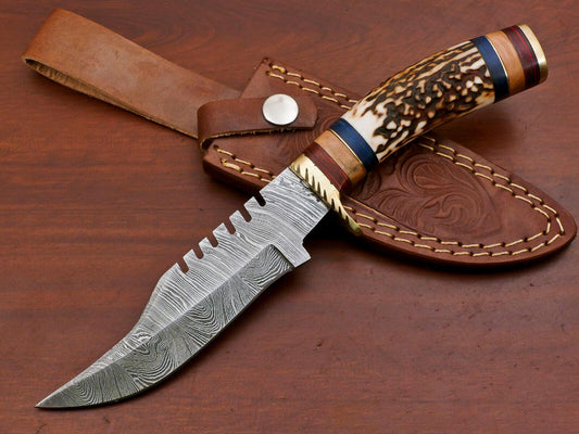 Handmade Damascus Bowie Knife – Stag Antler & Wood Handle (10")