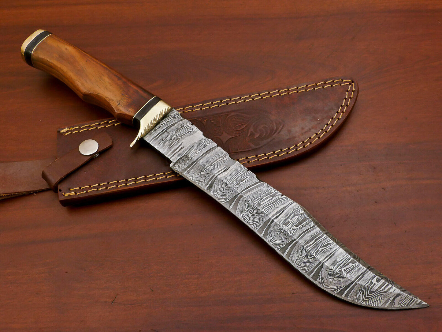 Handmade Damascus Bowie Hunting Knife – Rose Wood Handle
