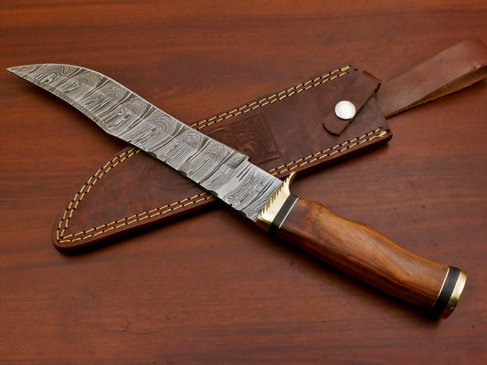 Handmade Damascus Bowie Hunting Knife – Rose Wood Handle
