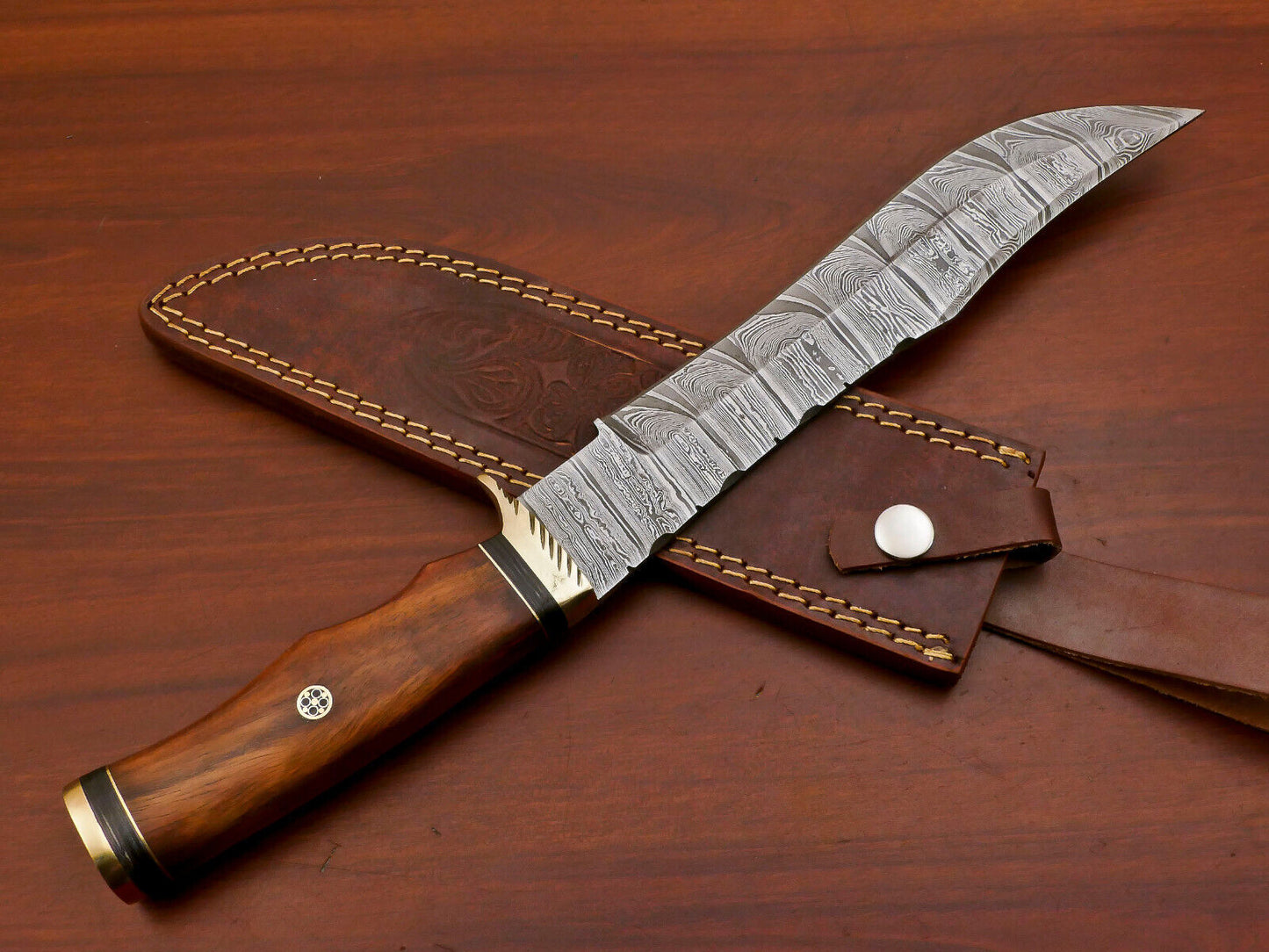 Hand Forged Custom Bowie Knife Damascus Steel Knife With Rose Wood Handle & Sheath
