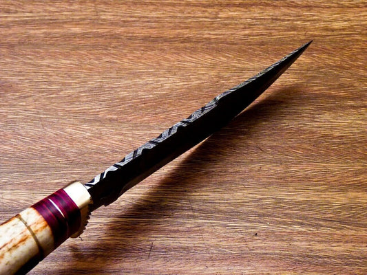 10" Handmade Damascus Steel Bowie Hunting Knife – Engraved Camel Bone & Wood Handle