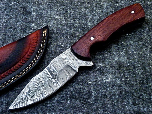 9.0" Custom Damascus Bowie Knife with Natural Wood Handle & Sheath