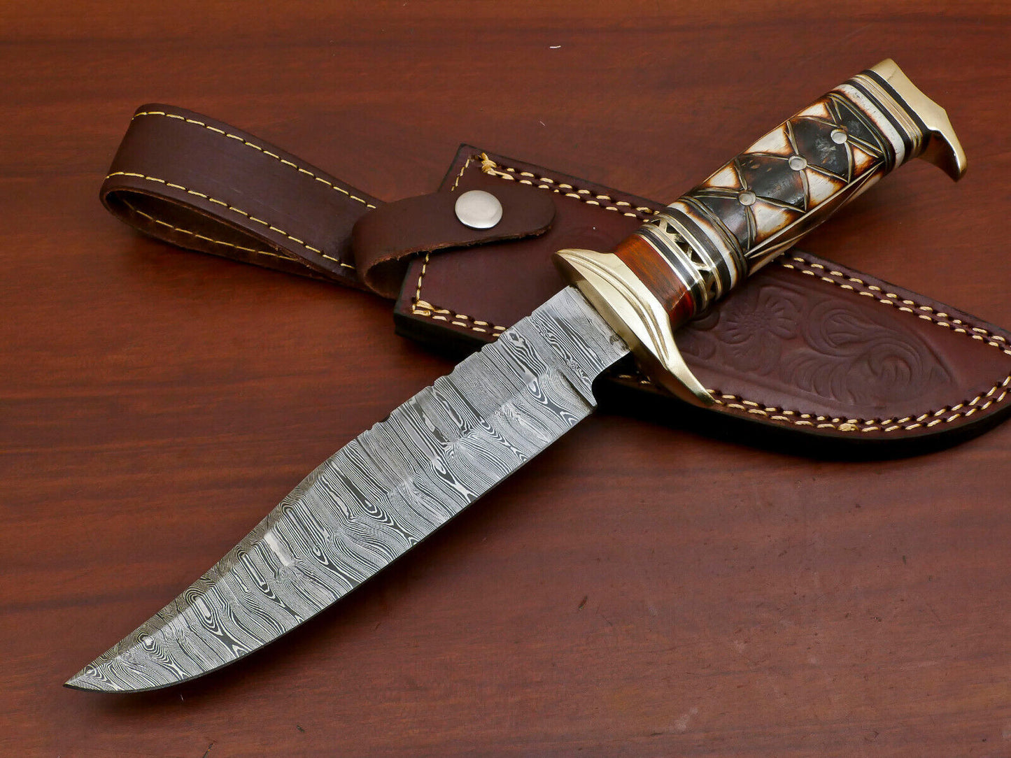 12" Damascus Bowie Knife with Burn Camel Bone & Pakka Wood Handle